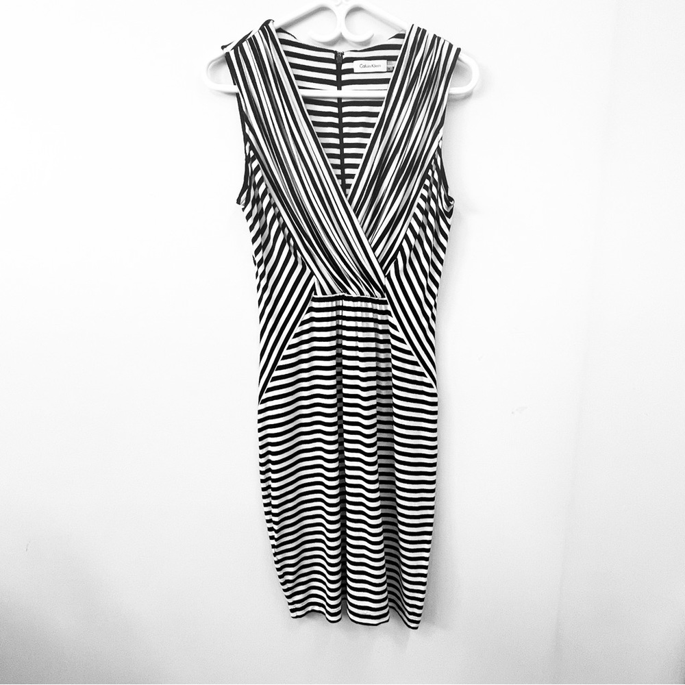 Calvin Klein Black and White Striped Midi Dress